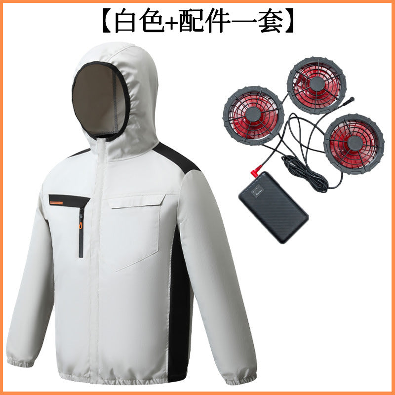 Summer New Three-Hole Fan Air-Conditioning Clothing Outdoor Cooling Sun Protection Hooded Shirt Stand Collar Jacket Work Clothes