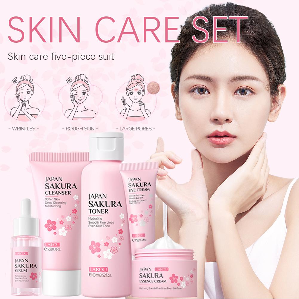 Facial Skin Care Set Skin Cleaning Sakura Skincare Set For Women Girls With Cleanser Toner Face Serum Cream Eye Cream