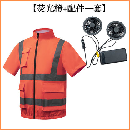 Summer Cooling Reflective Strip Fan Clothing Short-Sleeved Outdoor Air-Conditioning Clothing Men's Style with Fan Duty Road Administration Construction Site