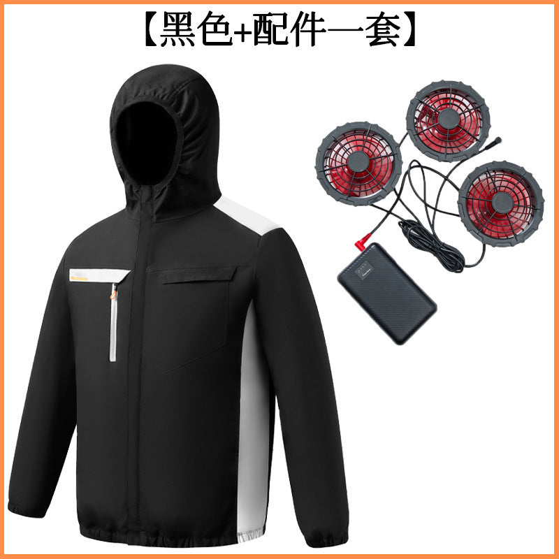 Summer New Three-Hole Fan Air-Conditioning Clothing Outdoor Cooling Sun Protection Hooded Shirt Stand Collar Jacket Work Clothes