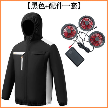 Summer New Three-Hole Fan Air-Conditioning Clothing Outdoor Cooling Sun Protection Hooded Shirt Stand Collar Jacket Work Clothes