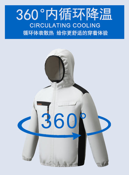 Summer New Three-Hole Fan Air-Conditioning Clothing Outdoor Cooling Sun Protection Hooded Shirt Stand Collar Jacket Work Clothes