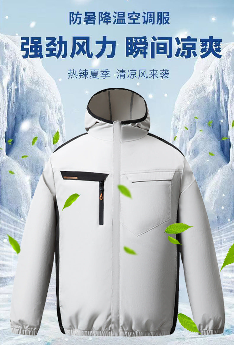 Summer New Three-Hole Fan Air-Conditioning Clothing Outdoor Cooling Sun Protection Hooded Shirt Stand Collar Jacket Work Clothes