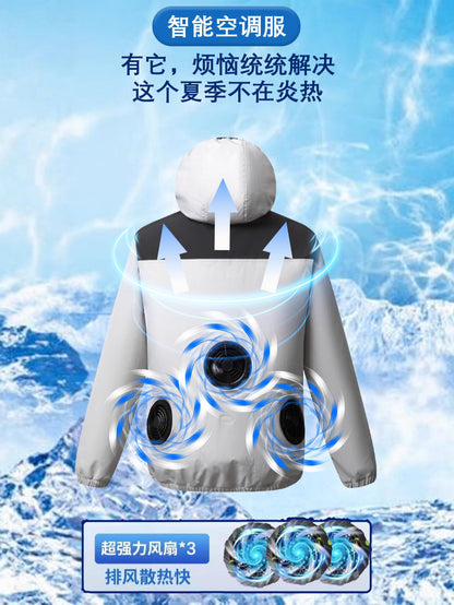 Summer New Three-Hole Fan Air-Conditioning Clothing Outdoor Cooling Sun Protection Hooded Shirt Stand Collar Jacket Work Clothes