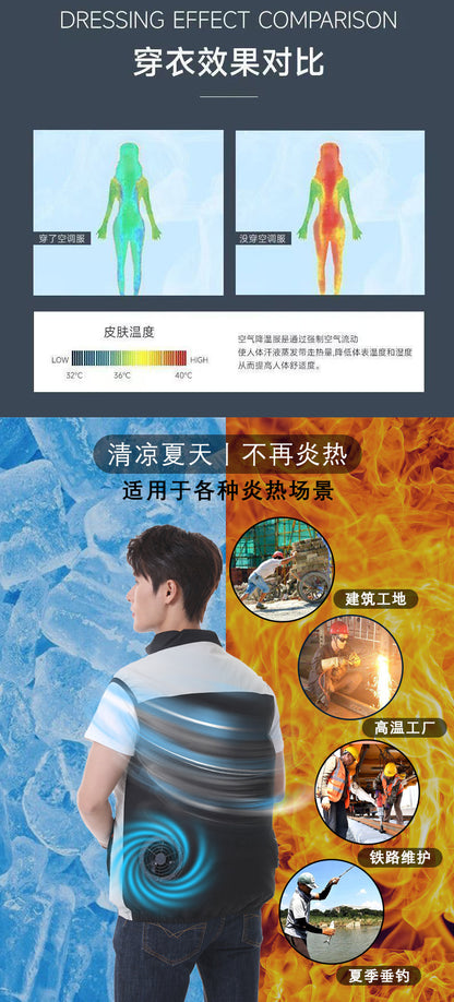 国境を越えた夏の新型空調服 フード付き作業服 半袖冷却ファン服 男性向けアウトドア夏対策作業服