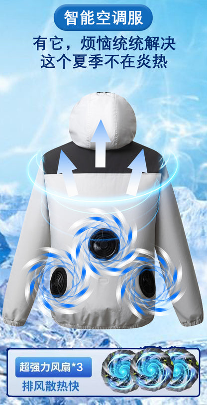 Summer New Three-Hole Fan Air-Conditioning Clothing Outdoor Cooling Sun Protection Hooded Shirt Stand Collar Jacket Work Clothes