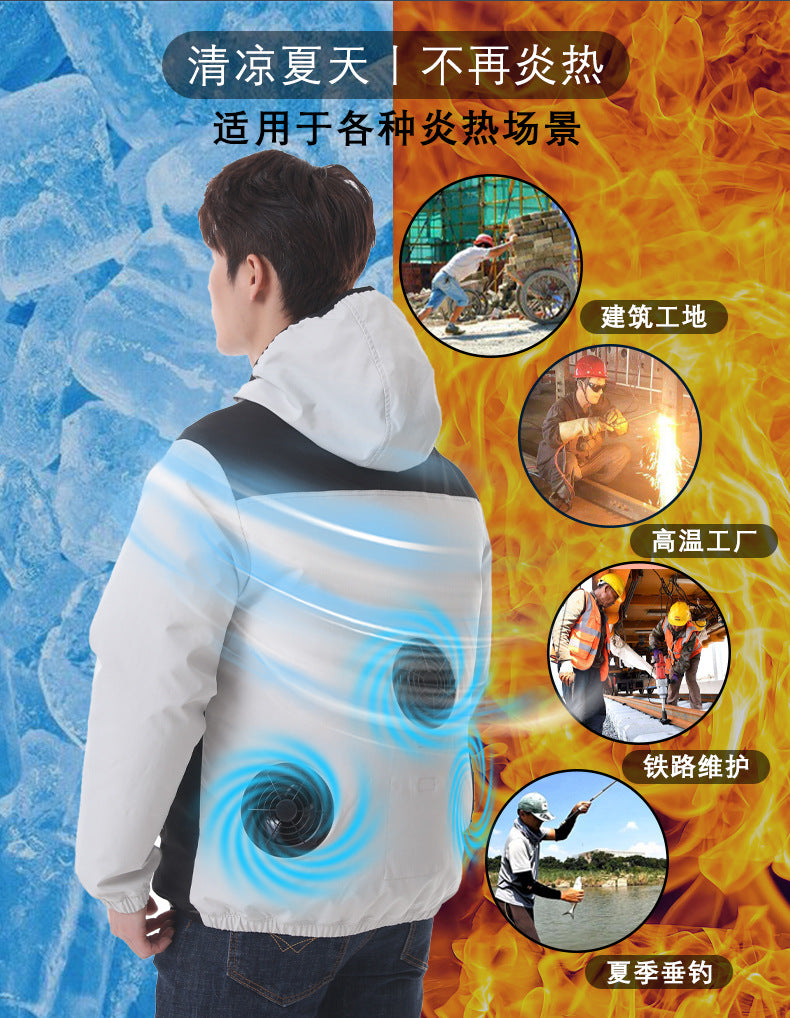 Summer New Three-Hole Fan Air-Conditioning Clothing Outdoor Cooling Sun Protection Hooded Shirt Stand Collar Jacket Work Clothes