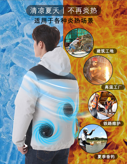 Summer New Three-Hole Fan Air-Conditioning Clothing Outdoor Cooling Sun Protection Hooded Shirt Stand Collar Jacket Work Clothes