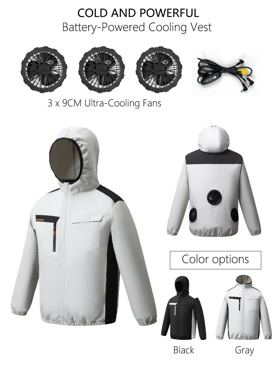 Summer New Three-Hole Fan Air-Conditioning Clothing Outdoor Cooling Sun Protection Hooded Shirt Stand Collar Jacket Work Clothes