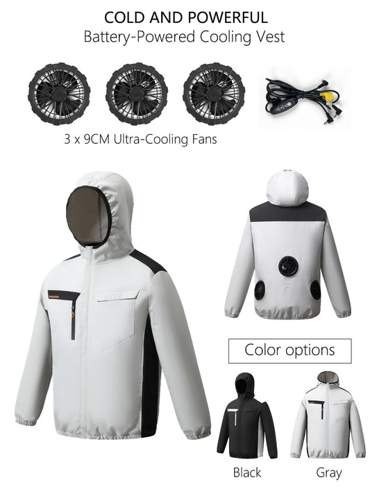 Summer New Three-Hole Fan Air-Conditioning Clothing Outdoor Cooling Sun Protection Hooded Shirt Stand Collar Jacket Work Clothes