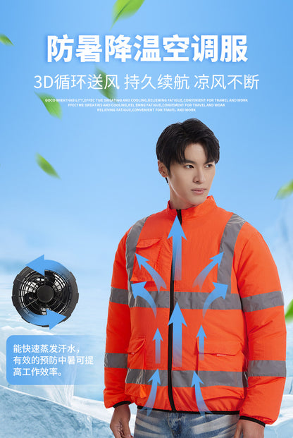 新作夏用ファン付き作業服建設現場冷却エアコン服屋外反射ストライプエアコン服メンズスタイルファン付き