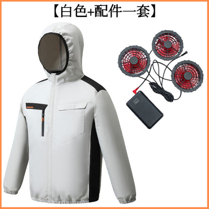 Summer New Three-Hole Fan Air-Conditioning Clothing Outdoor Cooling Sun Protection Hooded Shirt Stand Collar Jacket Work Clothes