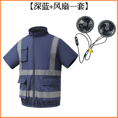 Summer Cooling Reflective Strip Fan Clothing Short-Sleeved Outdoor Air-Conditioning Clothing Men's Style with Fan Duty Road Administration Construction Site