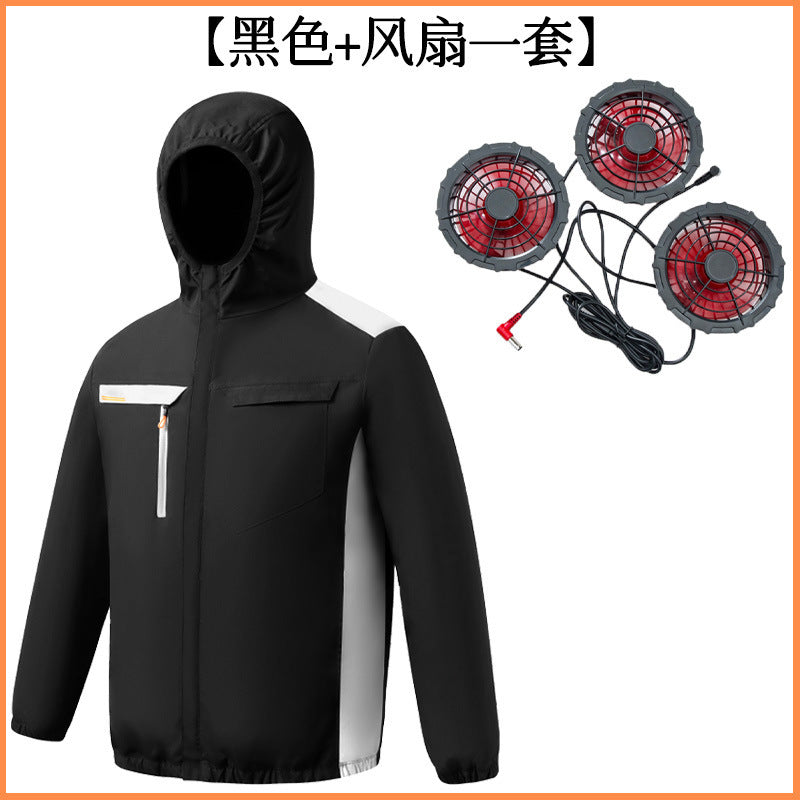 Summer New Three-Hole Fan Air-Conditioning Clothing Outdoor Cooling Sun Protection Hooded Shirt Stand Collar Jacket Work Clothes