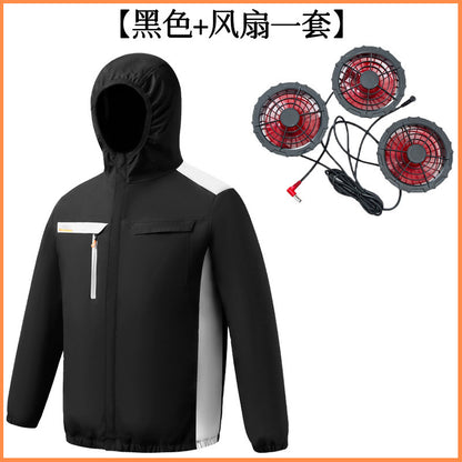 Summer New Three-Hole Fan Air-Conditioning Clothing Outdoor Cooling Sun Protection Hooded Shirt Stand Collar Jacket Work Clothes
