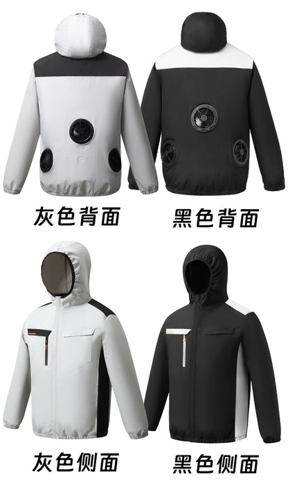 Summer New Three-Hole Fan Air-Conditioning Clothing Outdoor Cooling Sun Protection Hooded Shirt Stand Collar Jacket Work Clothes