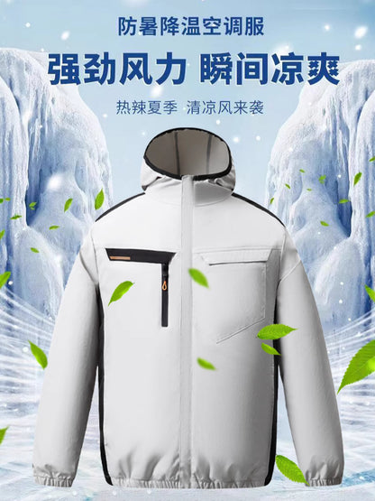 Summer New Three-Hole Fan Air-Conditioning Clothing Outdoor Cooling Sun Protection Hooded Shirt Stand Collar Jacket Work Clothes