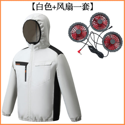 Summer New Three-Hole Fan Air-Conditioning Clothing Outdoor Cooling Sun Protection Hooded Shirt Stand Collar Jacket Work Clothes