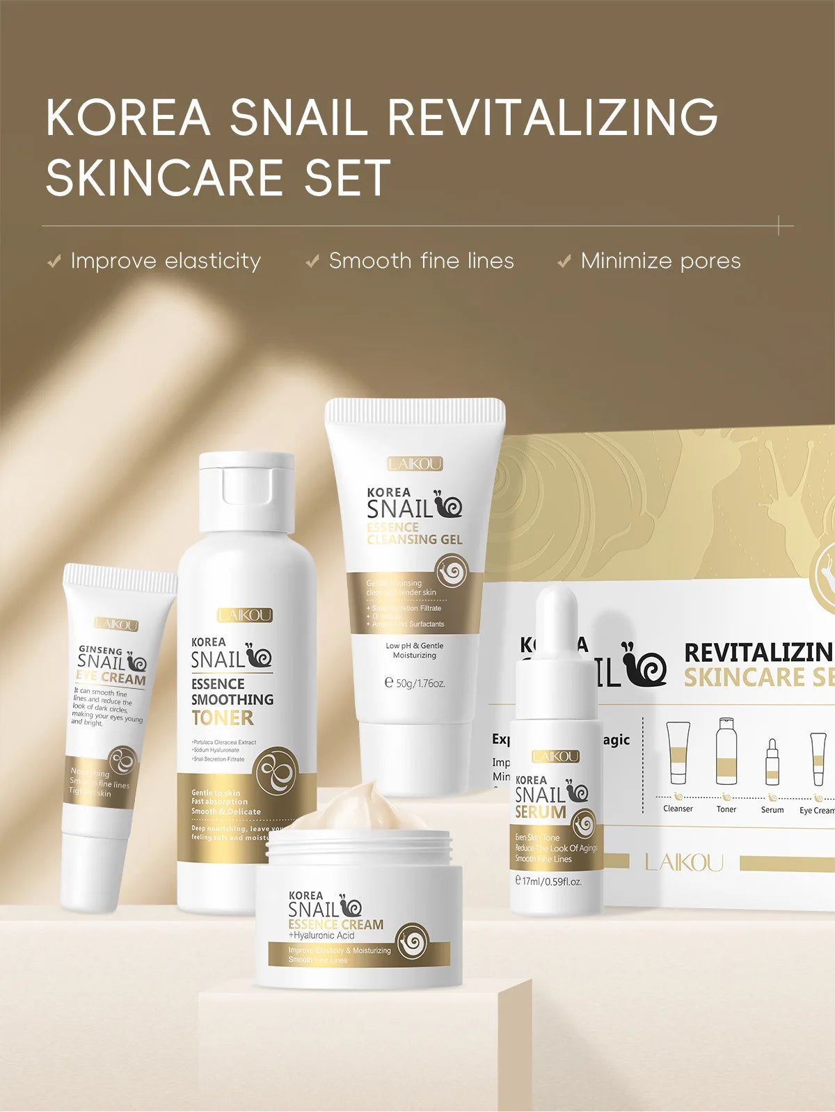 5pcs Boxed Korea Snail Skin Care Set Snail Face Cleanser Essence Cream Smoothing Toner Serum Repairing Eye Cream Collagen Set