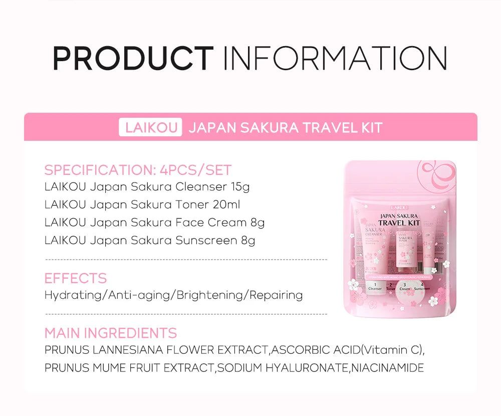LAIKOU サクラ スキンケアセット フェイシャルクレンザー フェイスクリーム 美容液 化粧水 保湿 美白 しわ防止 スキンケアキット