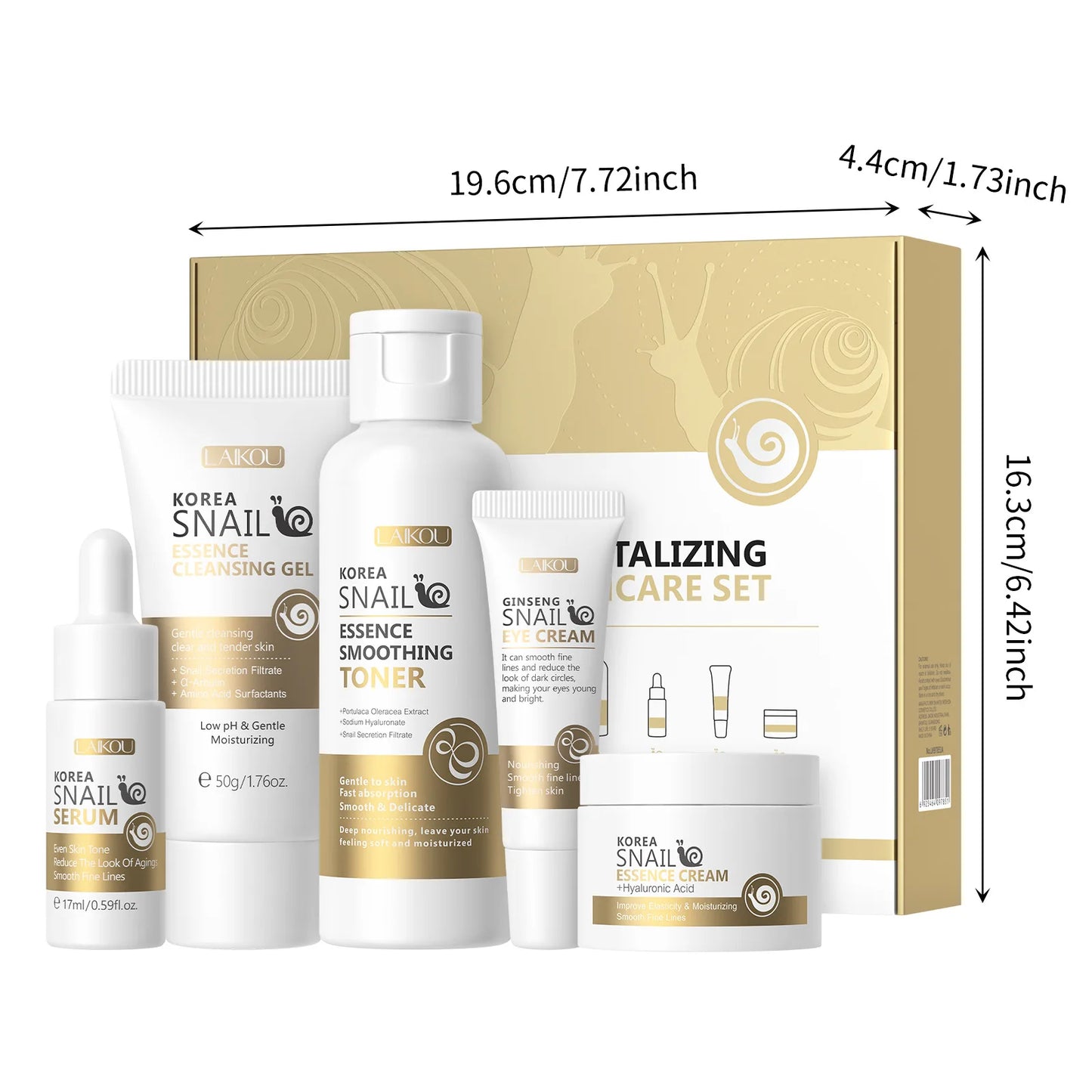 5pcs Boxed Korea Snail Skin Care Set Snail Face Cleanser Essence Cream Smoothing Toner Serum Repairing Eye Cream Collagen Set