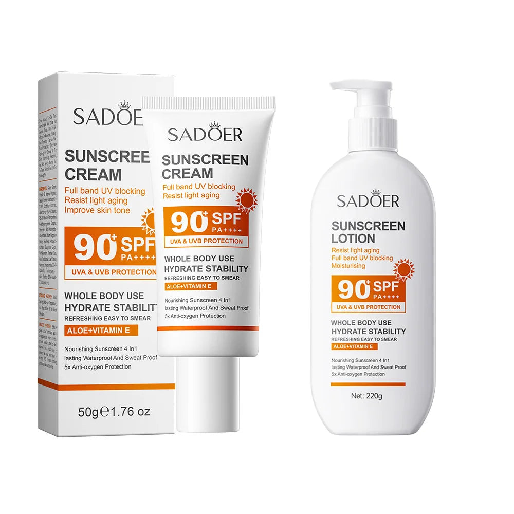 日焼け止め乳液（顔・からだ用）、スーパー220g、50g（ミニボトル）、SPF90 PA+++++、全身用