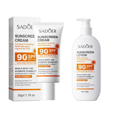 日焼け止め乳液（顔・からだ用）、スーパー220g、50g（ミニボトル）、SPF90 PA+++++、全身用
