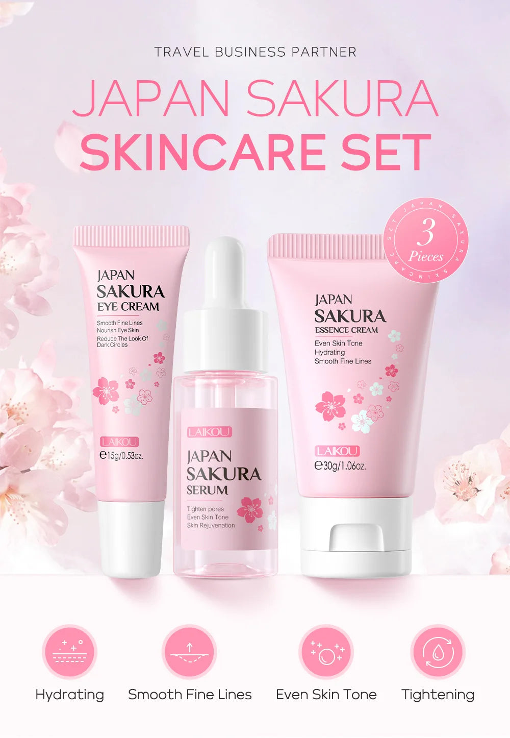 LAIKOU サクラ スキンケアセット フェイシャルクレンザー フェイスクリーム 美容液 化粧水 保湿 美白 しわ防止 スキンケアキット