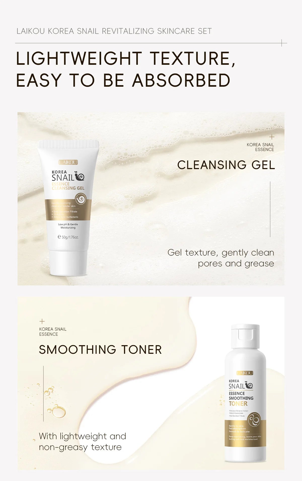 5pcs Boxed Korea Snail Skin Care Set Snail Face Cleanser Essence Cream Smoothing Toner Serum Repairing Eye Cream Collagen Set