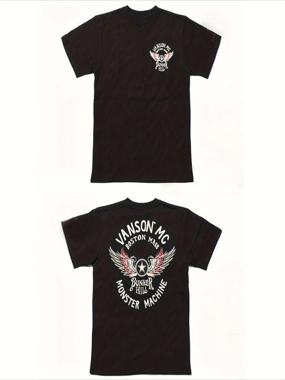 Men's T-shirt - Black Casual Short-sleeved Top with White and Red Wing Design, Suitable for Daily Wear, Gym Trips and Parties