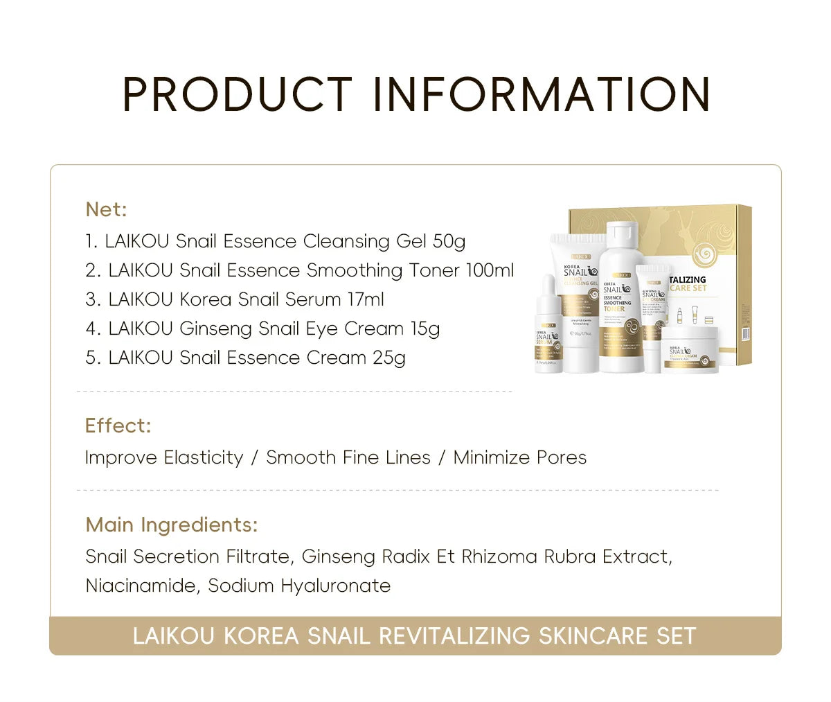 5pcs Boxed Korea Snail Skin Care Set Snail Face Cleanser Essence Cream Smoothing Toner Serum Repairing Eye Cream Collagen Set