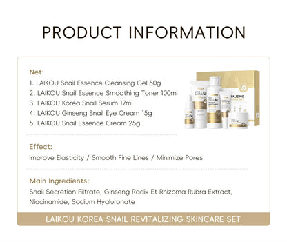 5pcs Boxed Korea Snail Skin Care Set Snail Face Cleanser Essence Cream Smoothing Toner Serum Repairing Eye Cream Collagen Set
