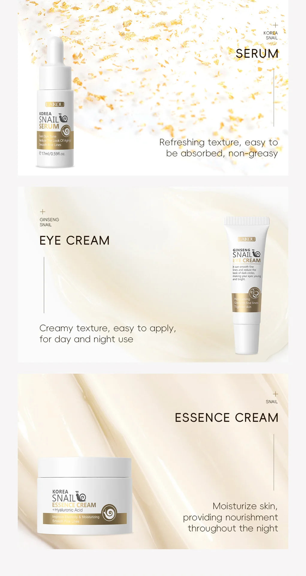5pcs Boxed Korea Snail Skin Care Set Snail Face Cleanser Essence Cream Smoothing Toner Serum Repairing Eye Cream Collagen Set
