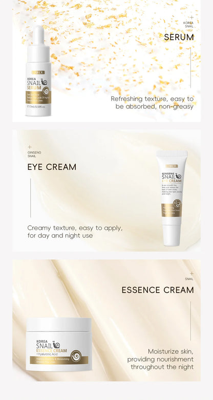 5pcs Boxed Korea Snail Skin Care Set Snail Face Cleanser Essence Cream Smoothing Toner Serum Repairing Eye Cream Collagen Set