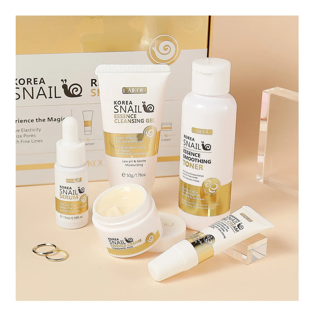 5pcs Boxed Korea Snail Skin Care Set Snail Face Cleanser Essence Cream Smoothing Toner Serum Repairing Eye Cream Collagen Set