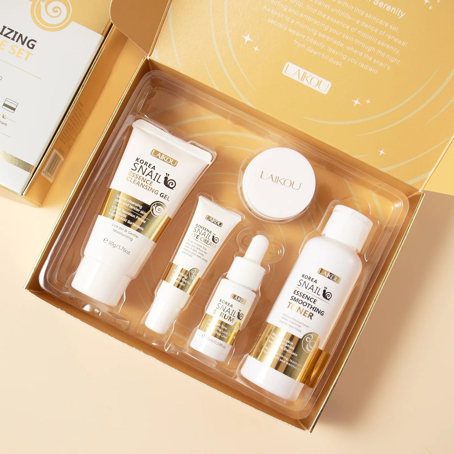 5pcs Boxed Korea Snail Skin Care Set Snail Face Cleanser Essence Cream Smoothing Toner Serum Repairing Eye Cream Collagen Set