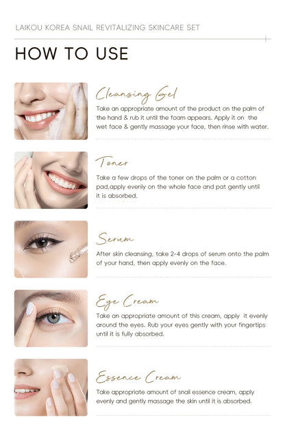 5pcs Boxed Korea Snail Skin Care Set Snail Face Cleanser Essence Cream Smoothing Toner Serum Repairing Eye Cream Collagen Set