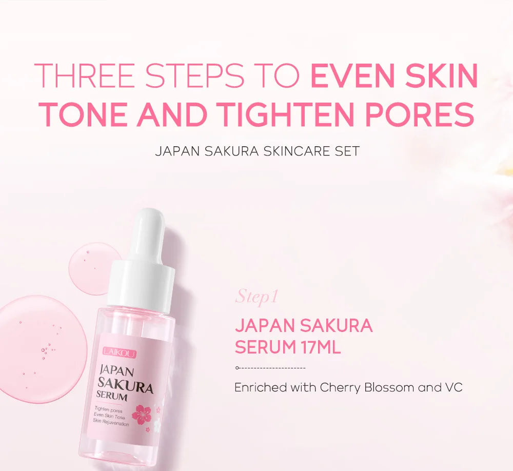 LAIKOU サクラ スキンケアセット フェイシャルクレンザー フェイスクリーム 美容液 化粧水 保湿 美白 しわ防止 スキンケアキット