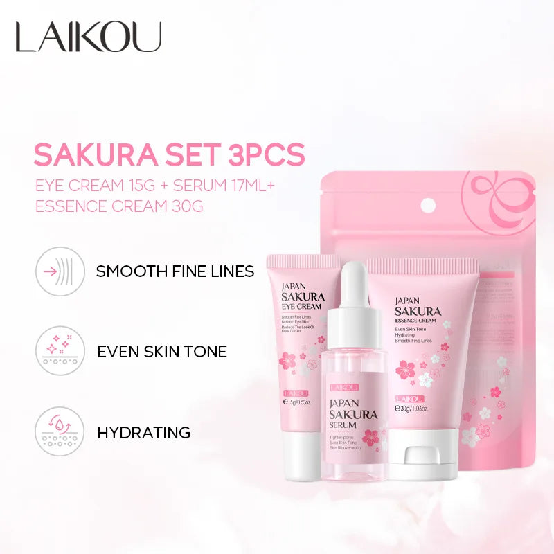 LAIKOU サクラ スキンケアセット フェイシャルクレンザー フェイスクリーム 美容液 化粧水 保湿 美白 しわ防止 スキンケアキット