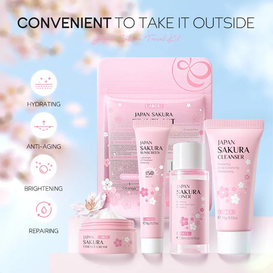 LAIKOU サクラ スキンケアセット フェイシャルクレンザー フェイスクリーム 美容液 化粧水 保湿 美白 しわ防止 スキンケアキット
