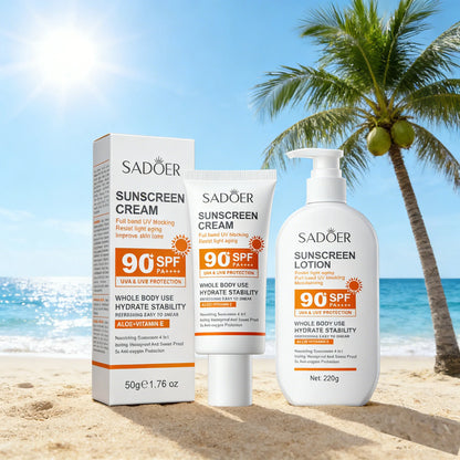 日焼け止め乳液（顔・からだ用）、スーパー220g、50g（ミニボトル）、SPF90 PA+++++、全身用