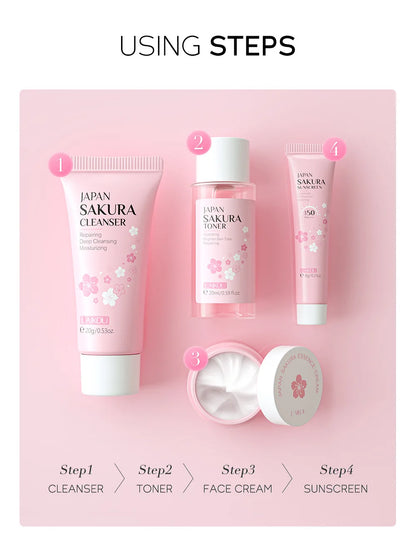 LAIKOU サクラ スキンケアセット フェイシャルクレンザー フェイスクリーム 美容液 化粧水 保湿 美白 しわ防止 スキンケアキット