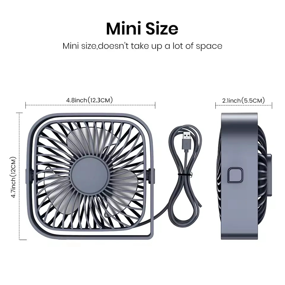 USB-powered desktop mini fan, portable desk fan with 360° rotation, suitable for offices, bedrooms, and study rooms