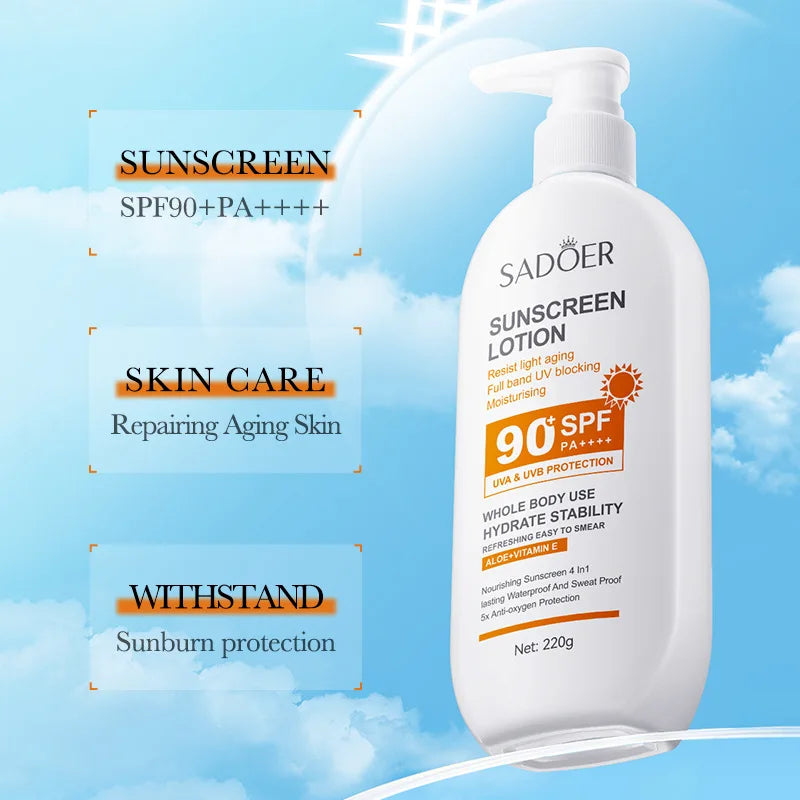日焼け止め乳液（顔・からだ用）、スーパー220g、50g（ミニボトル）、SPF90 PA+++++、全身用