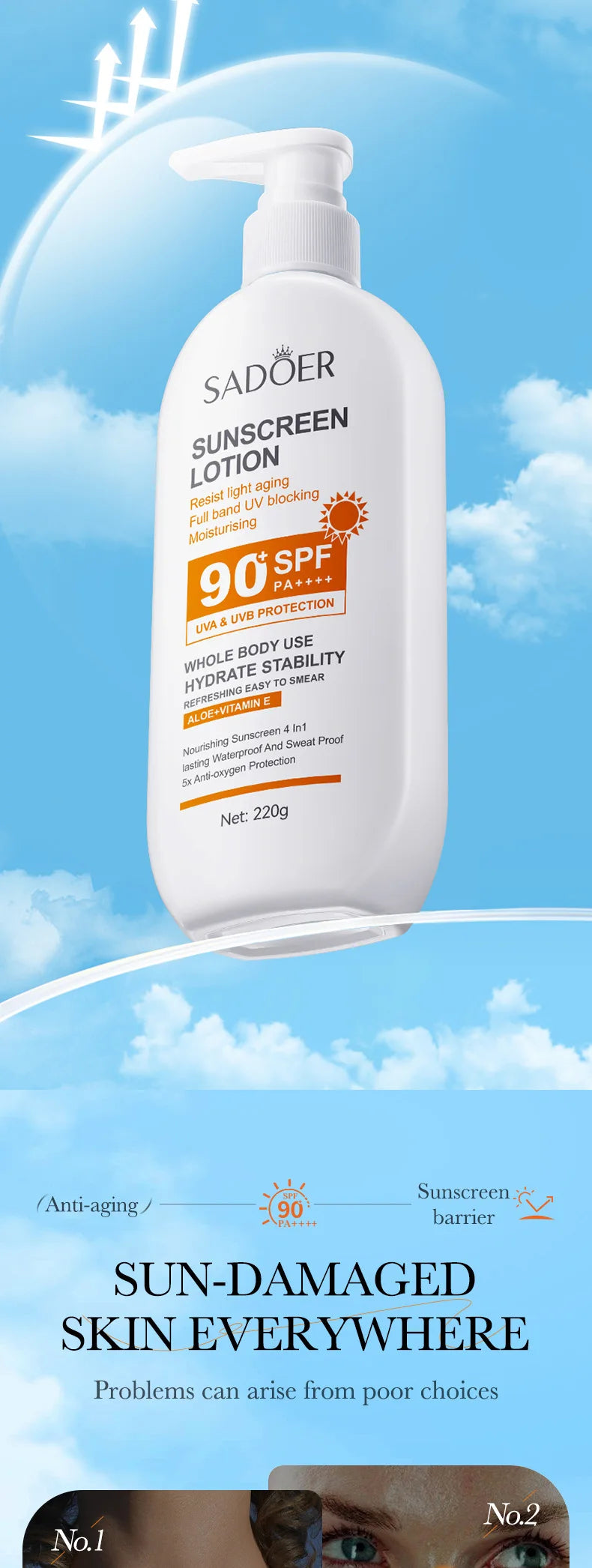 日焼け止め乳液（顔・からだ用）、スーパー220g、50g（ミニボトル）、SPF90 PA+++++、全身用