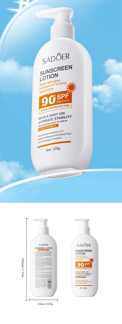 日焼け止め乳液（顔・からだ用）、スーパー220g、50g（ミニボトル）、SPF90 PA+++++、全身用