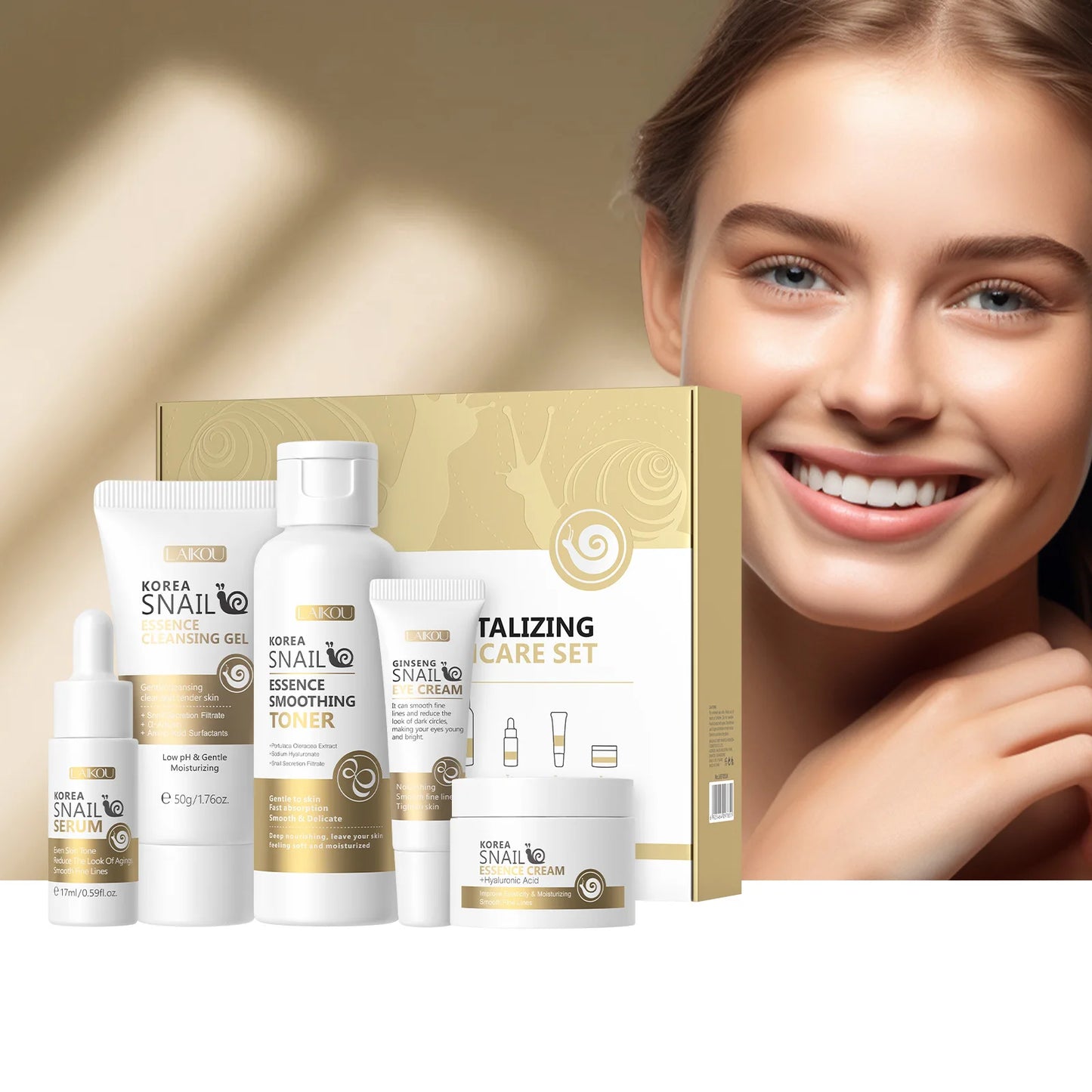 5pcs Boxed Korea Snail Skin Care Set Snail Face Cleanser Essence Cream Smoothing Toner Serum Repairing Eye Cream Collagen Set