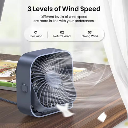 USB-powered desktop mini fan, portable desk fan with 360° rotation, suitable for offices, bedrooms, and study rooms