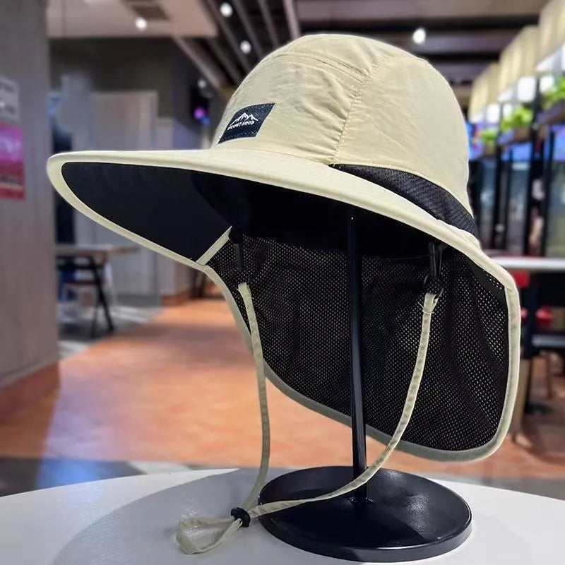 Unisex Bucket Hats Summer Wide Brim Neck Sun-Protection Outdoor Visor Quick-drying Panama Sunscreen Tied Fishing Hiking Hat