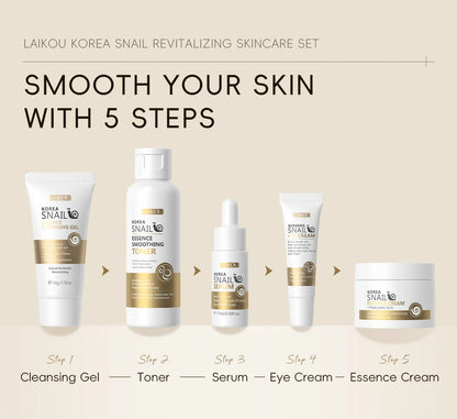 5pcs Boxed Korea Snail Skin Care Set Snail Face Cleanser Essence Cream Smoothing Toner Serum Repairing Eye Cream Collagen Set